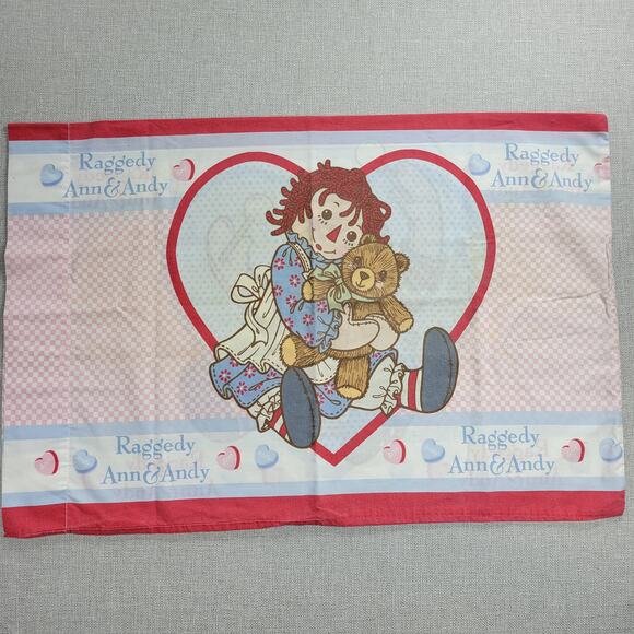 Vintage Raggedy Ann & Andy Pillowcase 29x20 Fabric Panel Red Hearts Gingham - Picture 1 of 9